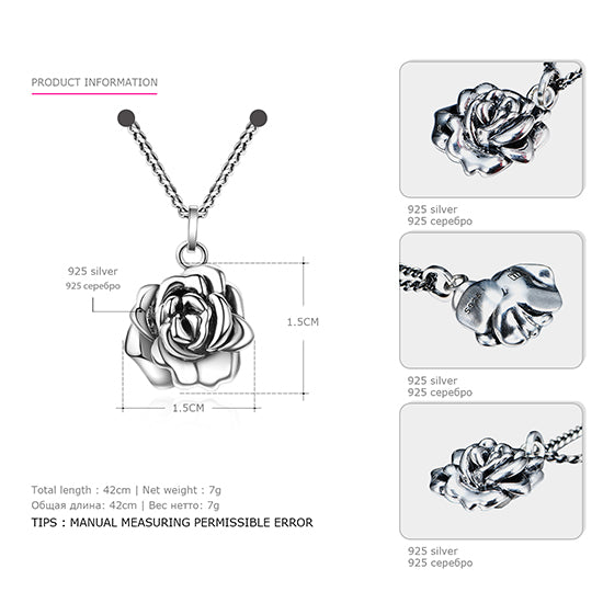 Genuine 925 Sterling Silver Wedding Necklaces for Women Romantic Rose Pendants Necklaces Brand Fine Jewelry