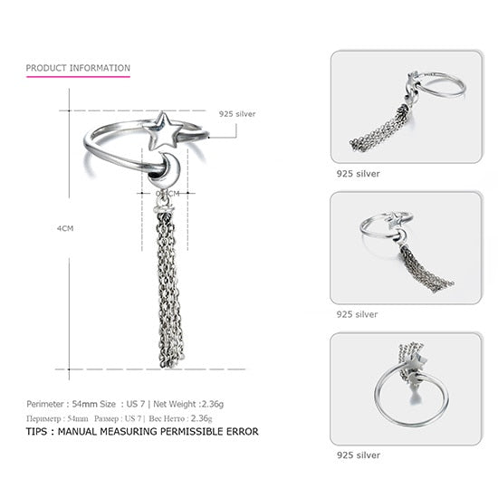 Genuine 925 Sterling Silver Women's Ring Tassel Design Elegant Casual Style Wedding Adjustable Rings Brand Fine Jewelry