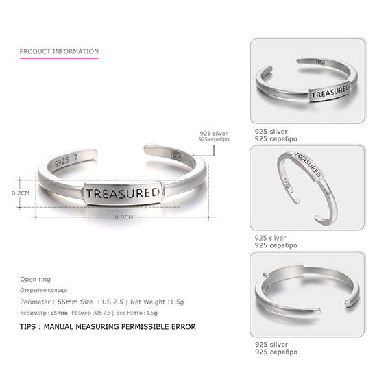 Genuine Sterling Silver Adjustable Rings for Women Treasured Typeface Casual&Sporty Style Silver 925 Jewelry