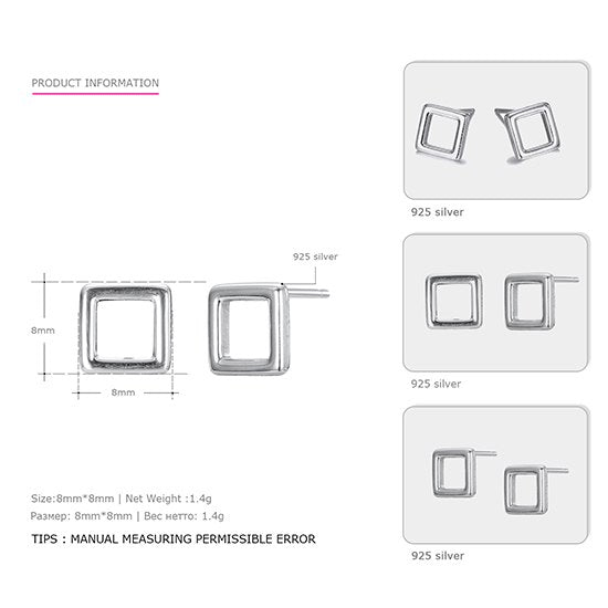 Geometry Square 925 Sterling Silver Stud Earrings Simple and Cute Style Outdoor Fine Jewelry for Women