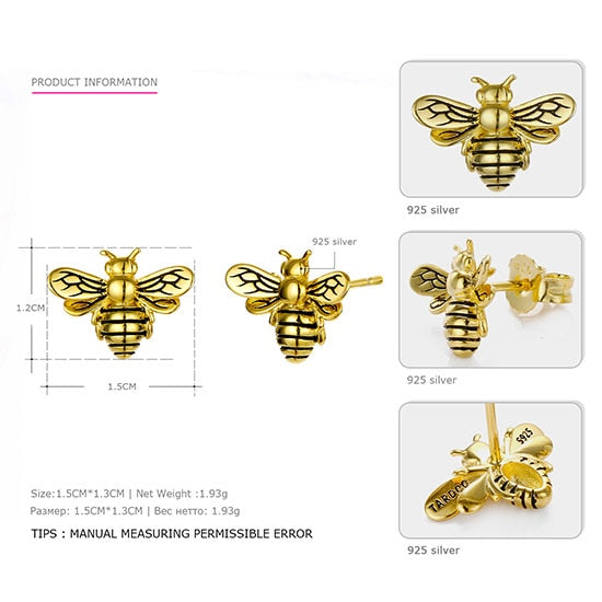 Gold Bee Stud Earrings 925 Silver Women Cute Bee Earring Fashion Jewelry Black Stripe Gold Honey Bee Animal Stud Earring