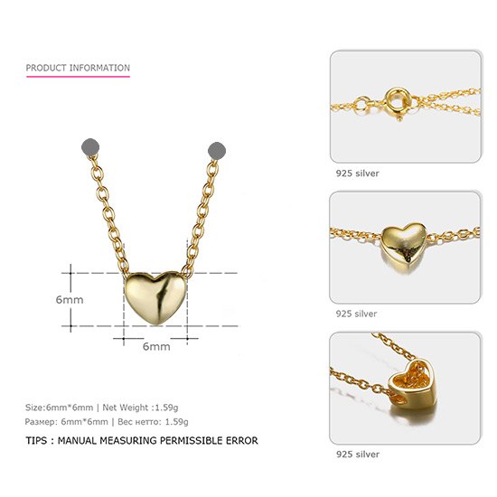 Heart 925 Sterling Silver Choker Necklace Gold-plated Simple and Romantic Fine Jewelry Valentine's Gift for Women