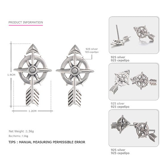 High Qulaity 925 Sterling Silver Earrings for Women Arrows&Wheel Design Punk Style Complex Earrings Brand Fine Jewelry