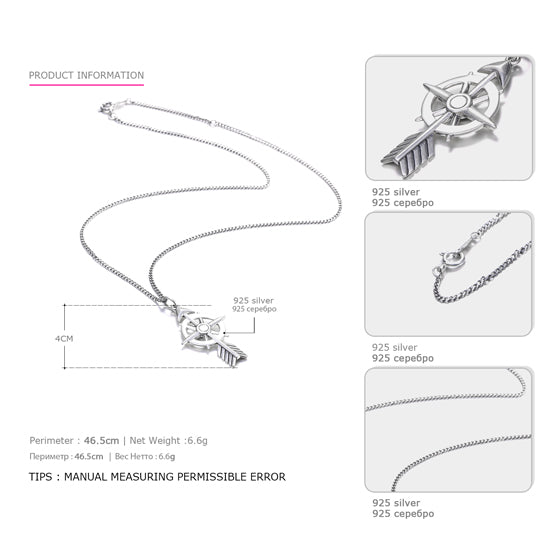 Hot Sale 925 Sterling Silver Necklace for Women Arrows&Fishbone Biagram Design Punk Style Statement Necklace Fine Jewelry