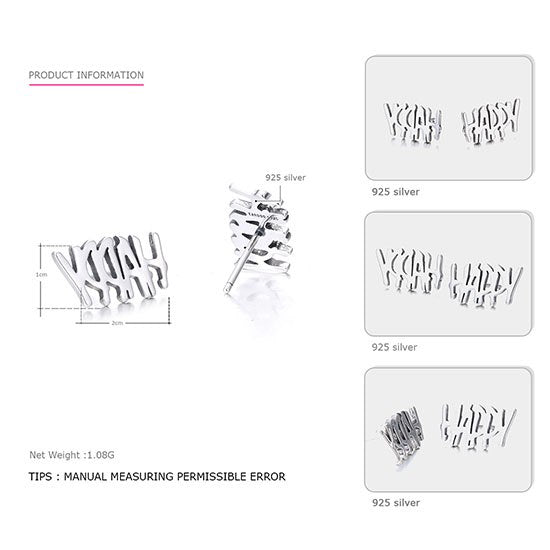 Letter Earrings Silver 925 Sterling Silver for Women Happy Typeface Delicate Stud Earring Silver Brand Fine Jewelry