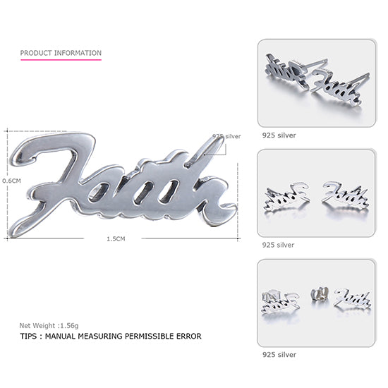 New Arrival 925 Sterling Silver Stud Earrings for Women Faith Typeface Dazzling Sparking Stud Earring Brand Fine Jewelry