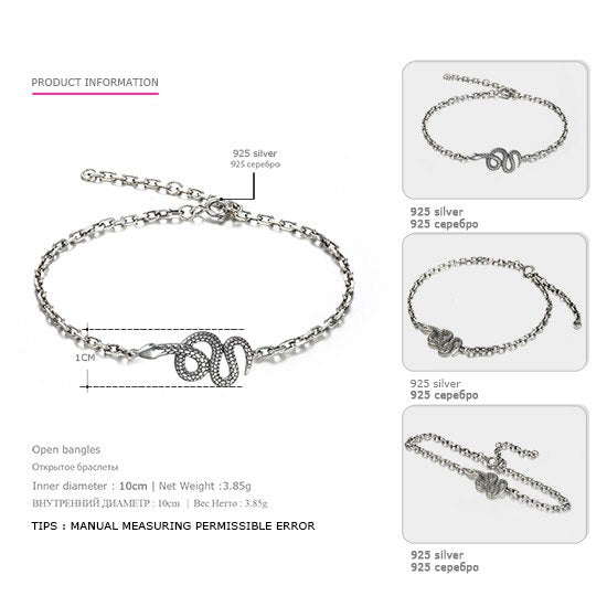 Punk Rock Fashion 925 Sterling Silver Snake Shape Adjustable Bangle for Unisex Sterling-Silver-Jewelry