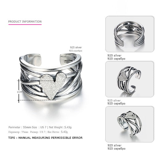 Real 925 Sterling Silver Heart Shape Finger Rings for Women And Girl Nail Sand Embellish Wedding Sterling Silver Jewelry