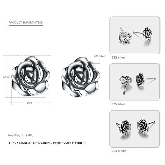 Really 925 Sterling Silver Stud Earrings Rose Flower Romantic&Lovely Style Brand Fine Jewelry for Women