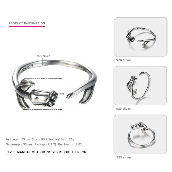 Rose Rings 925 Sterling Silver Wedding Engagement Adjustable Rings Romantic and Elegant Style Fine Jewelry for Women