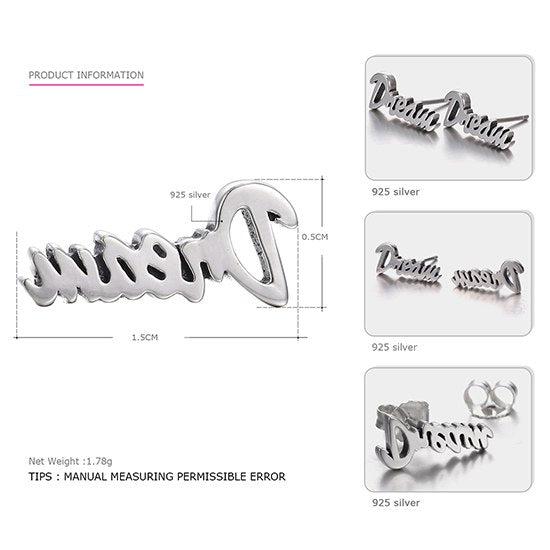 Sterling Silver Stud Earrings for Women Dream Alphabet Symbolize Meaning Jewelry Silver Earrings
