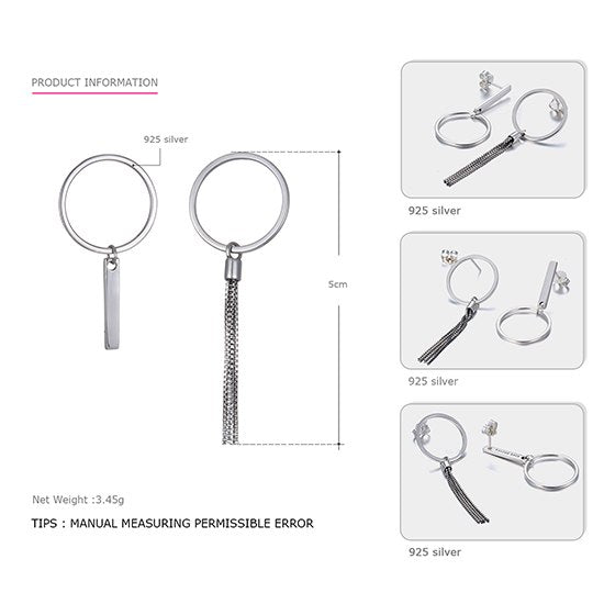 Tassel Asymmetry Drop Earrings 925 Sterling Silver Simple Round Earring Stylish Gifts For Women Geometric Fine Jewelry