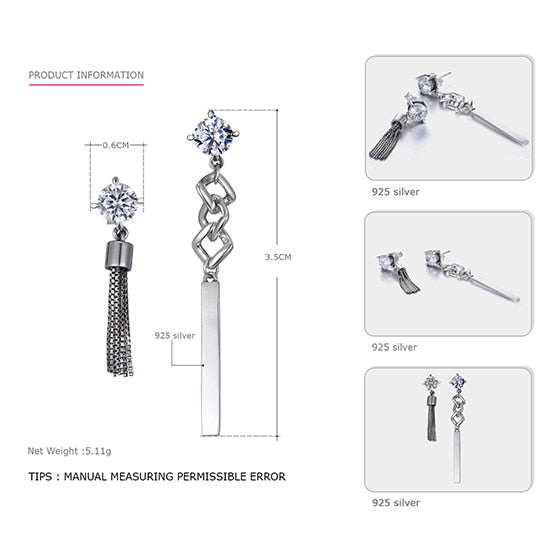 Zircon 925 Sterling Silver Tassels Asymmetric Long Earrings for Women Delicate Luxury Drop Earrings Fine Jewelry