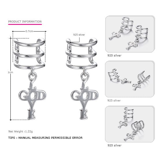 really 925 Sterling Silver Hairpins Silver Earrings The Key Shape New Punk Style Ear Clip Brand Fine Jewelry
