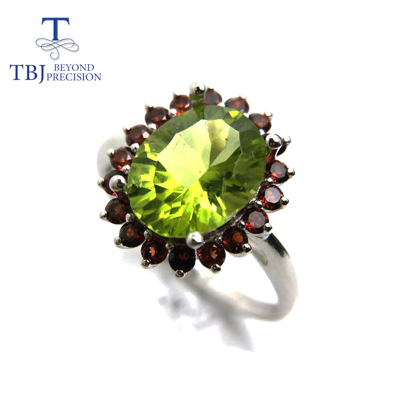 Tbj,100% Natural Peridot ov8*10 concave cut ,3ct peridot gemstone ring in 925 sterling silver colorstone jewelry with gift box