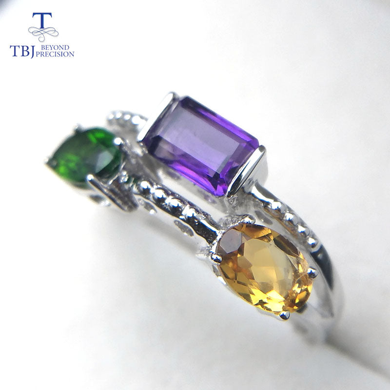 Tbj ,2020 new design ,3 color natural gemstone ring in 925 sterling silver gemstone jewelry for girls with gift box