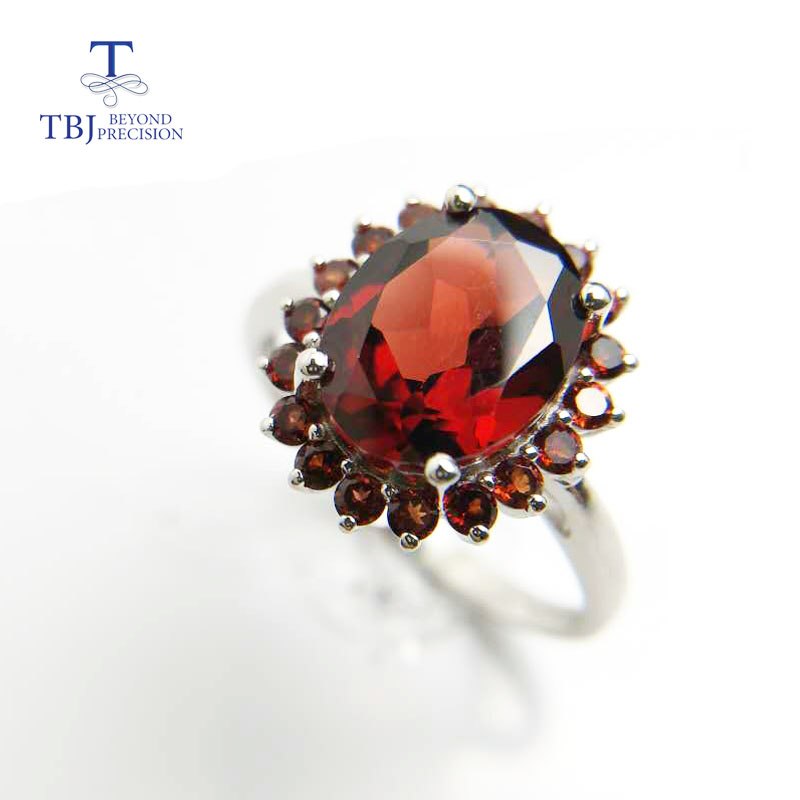 Tbj,Natural 3ct garnet oval cut8*10mm gemstone ring with natural garnet side stone in 925 sterling semi-precious gemstone ring