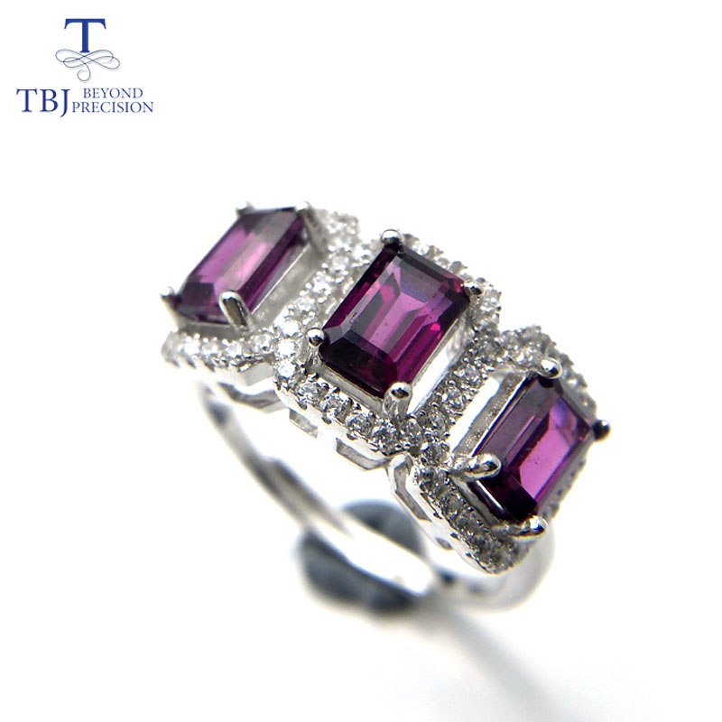 Tbj,Silver Gemstone Ring for women with 3 pieces rhodolite garnet oct4*6 in 925 sterling silver gemstone jewelry with gift box
