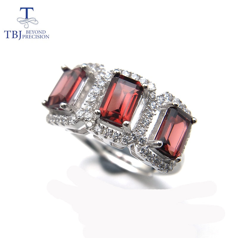 Tbj ,Simple elegant natural mozambique garnet gemstone ring 3 pc of oct 4*6 garnet in 925 sterling silver ring with jewelry box