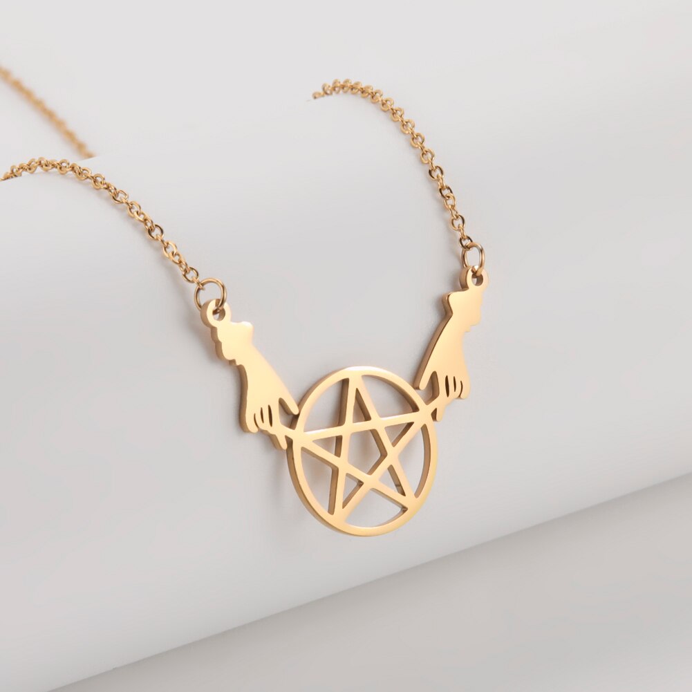 Teamer Stainless Steel Necklace for Women Witchcraft Jewelry Vintage Star Pentagram Pendant Necklace Choker Witchy Accessories