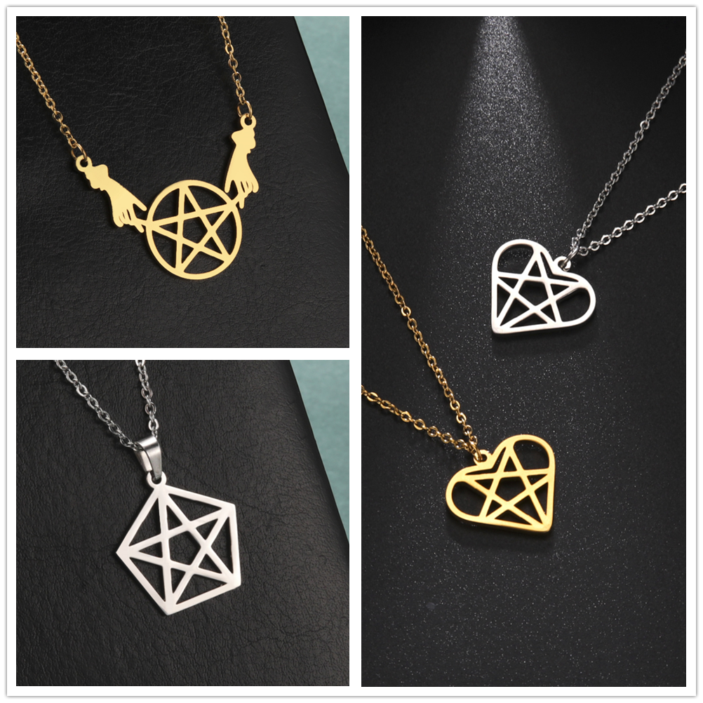 Teamer Stainless Steel Necklace for Women Witchcraft Jewelry Vintage Star Pentagram Pendant Necklace Choker Witchy Accessories