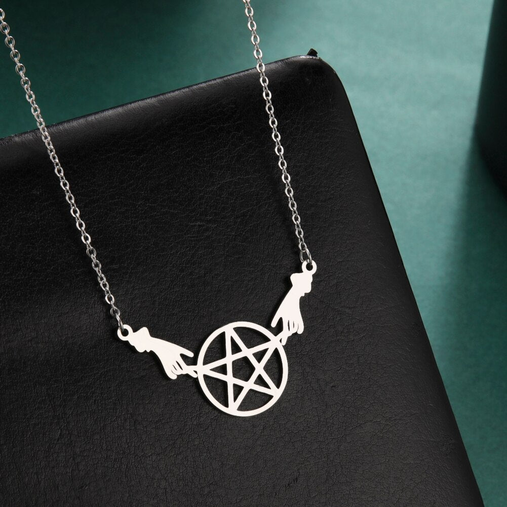 Teamer Stainless Steel Necklace for Women Witchcraft Jewelry Vintage Star Pentagram Pendant Necklace Choker Witchy Accessories