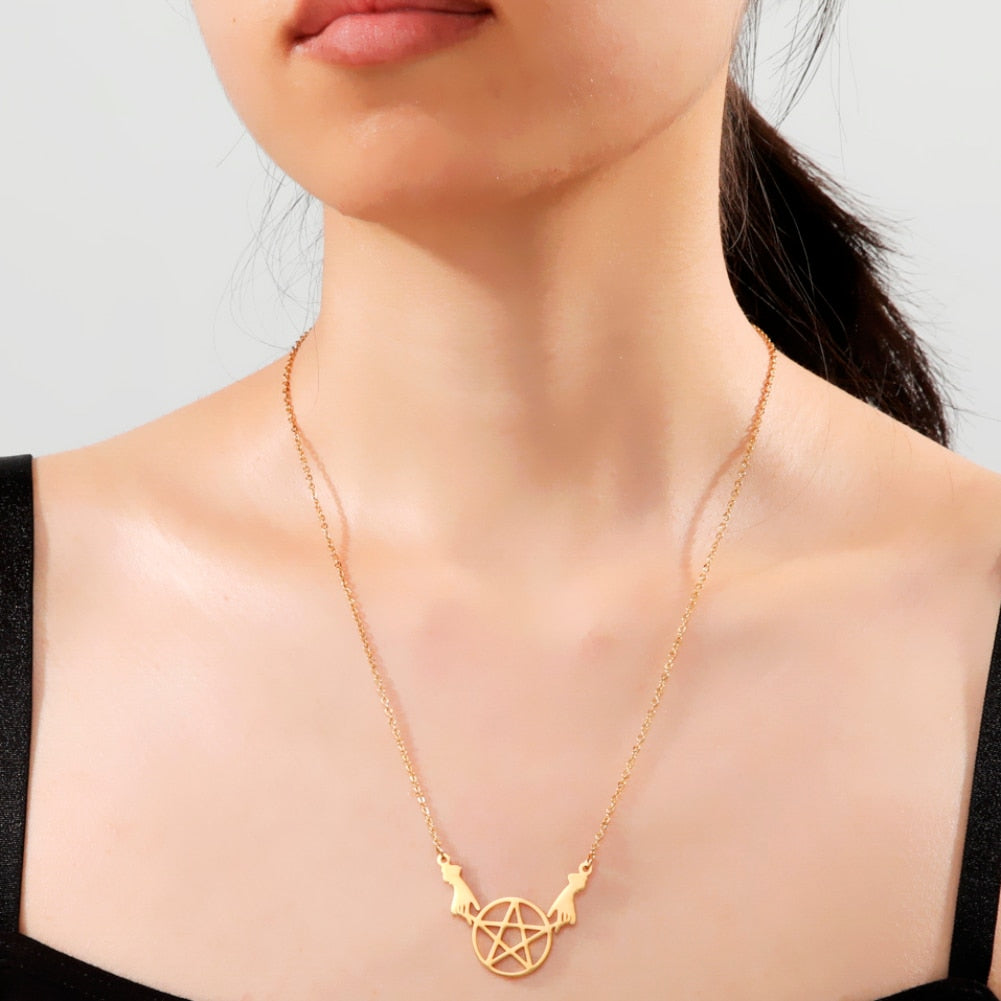 Teamer Stainless Steel Necklace for Women Witchcraft Jewelry Vintage Star Pentagram Pendant Necklace Choker Witchy Accessories