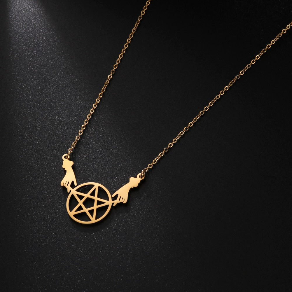 Teamer Stainless Steel Necklace for Women Witchcraft Jewelry Vintage Star Pentagram Pendant Necklace Choker Witchy Accessories
