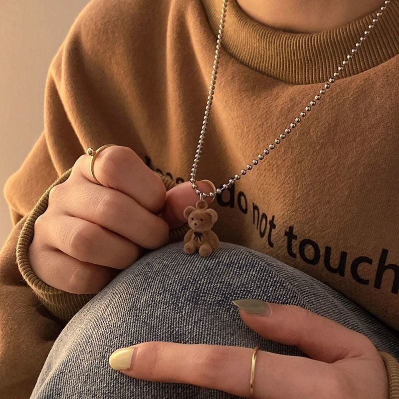 Teddy Bear Pendant Chain Necklace for Girls Women Korean Bear Long Sweater Neck Chain Necklaces Cute Collar Jewelry Gift