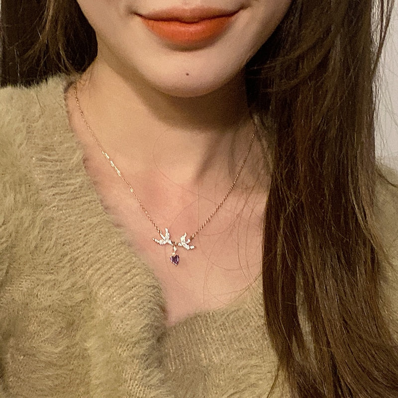 Temperament Entry Lux Full of Crystals Feiyan Necklace Japan and South Korea Internet  Versitile  Purple Crystal Short