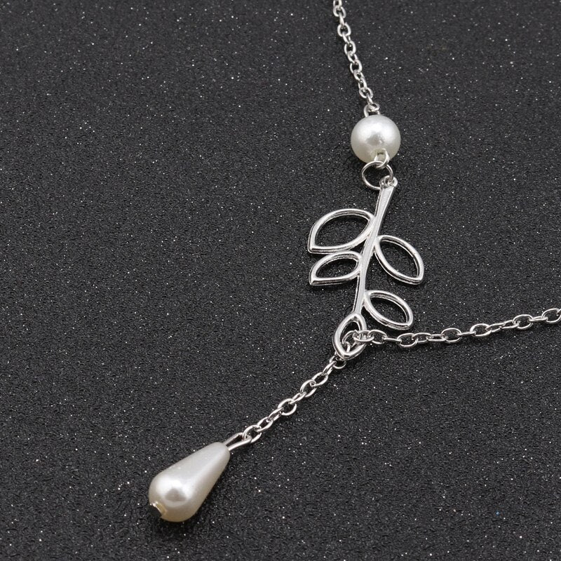 Tenande Silver Color Big Leaf Simulated Pearl Water Droplets Necklaces & Pendants for Women Jewelry Accessories Collier
