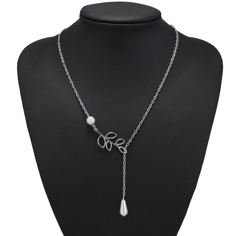 Tenande Silver Color Big Leaf Simulated Pearl Water Droplets Necklaces & Pendants for Women Jewelry Accessories Collier