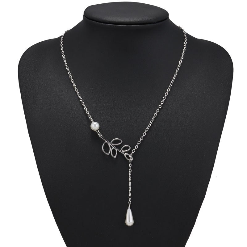 Tenande Silver Color Big Leaf Simulated Pearl Water Droplets Necklaces & Pendants for Women Jewelry Accessories Collier