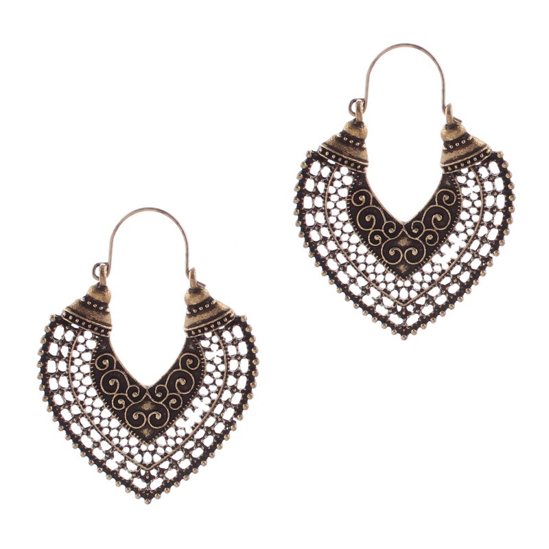 Punk Bohemian Turkish Antique Gold Color Big Statement Carved Leaf Hollow Heart Drop Earrings for Women Hanging Jewelry