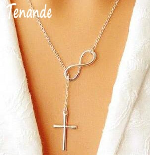 Tenande Punk Silver Color Clavicle Chain Necklaces Lariat Cross Infinity Necklaces & Pendants for Women Party Jewelry Gift