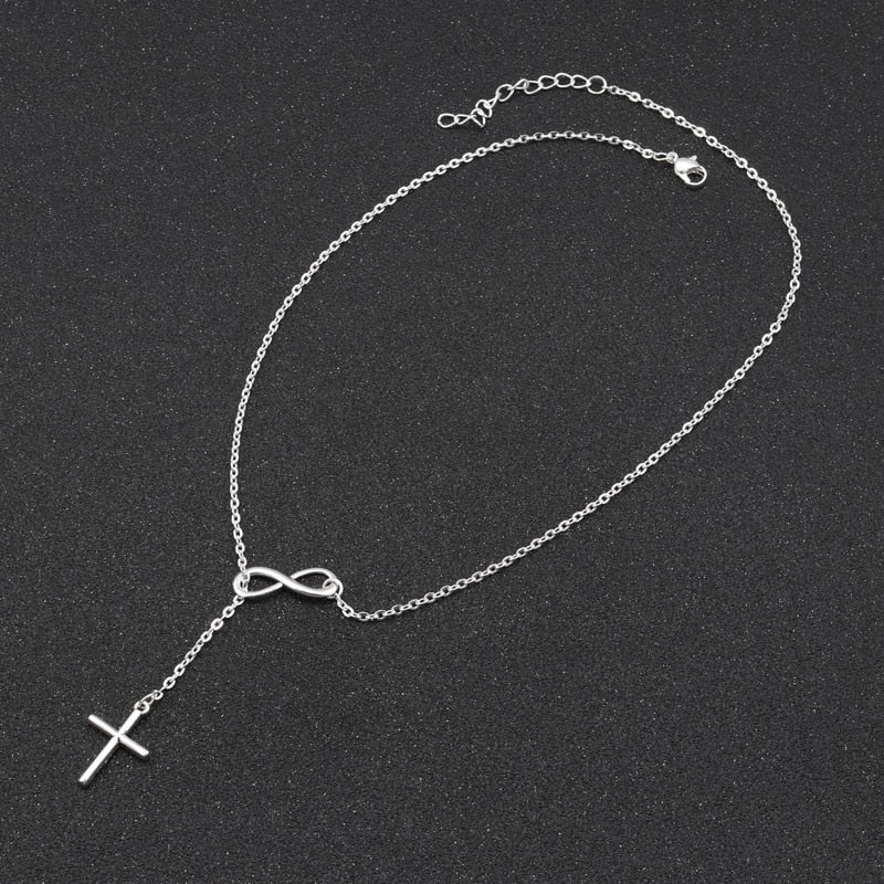 Tenande Punk Silver Color Clavicle Chain Necklaces Lariat Cross Infinity Necklaces & Pendants for Women Party Jewelry Gift