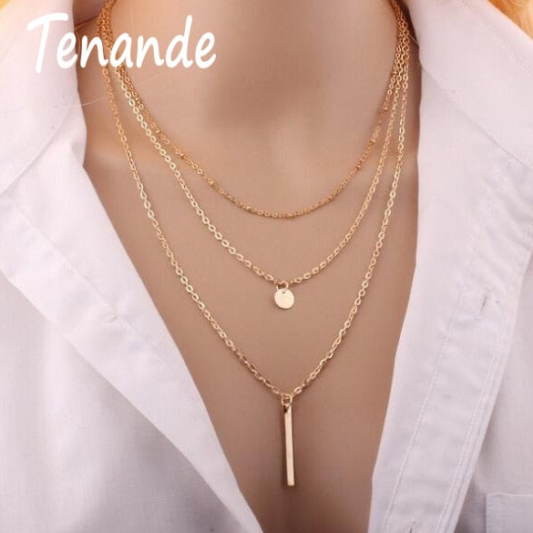 Tenande Simple Style Multi Layer Statement Charm Jewelry Small Sequins Stripe Necklaces & Pendants for Women Party Jewelry Gifts