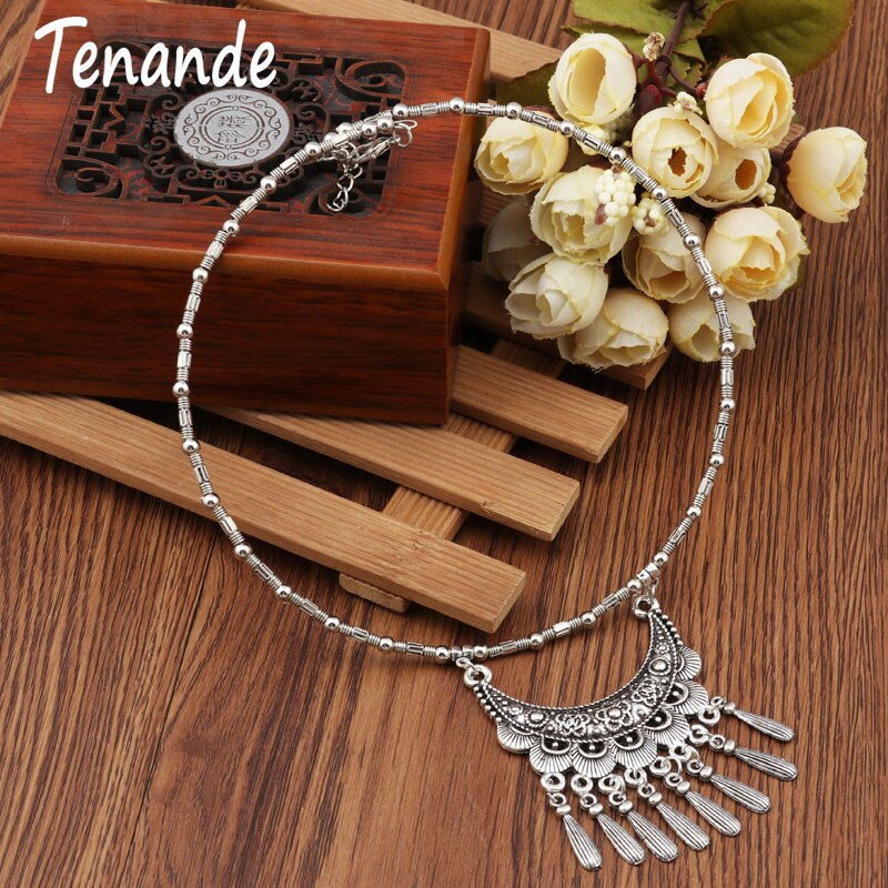 Tenande Vintage Tibet Silver Color Big Statement Hollow Moon Flower Water Droplets Tassel Necklaces Pendants for Women Boho Gift