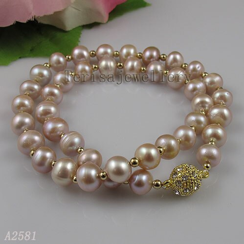 Terisa Pearljewelry Store 3mm Gold Beads AA 8-9MM Lavender Genuiine Freshwater Pearl Rhinestone Magnet Clasp Women Gift
