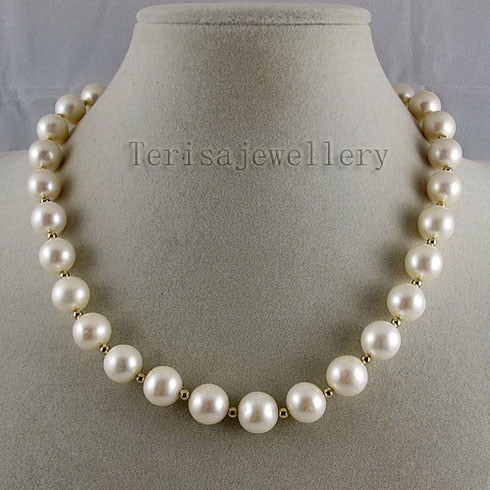 Terisa Pearljewelry Store AA 9-10MM White Genuine Freshwater Pearl 3mm Gold Beads Handmade Pearl Necklace Women Gift