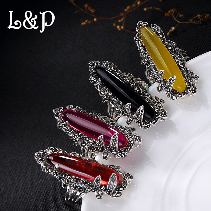 Thai Silver Pure 925 Sterling Silver Ring For Women,Vintage Natural Gemstone Adjustable Ring Jewel For Wholesale Birthd Gift