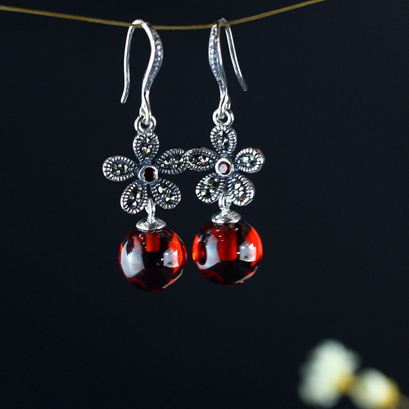 Thai silver earrings long agate chalcedony gem Earrings temperament folk style 925 Silver Hook Earrings