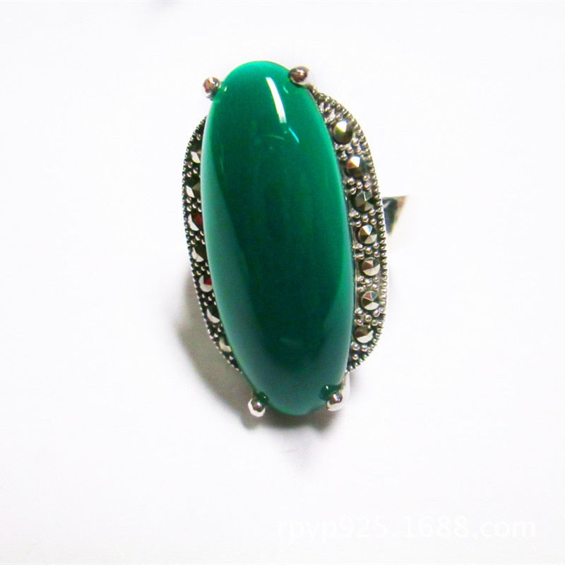 Thai silver restoring ancient ways S925 pure silver ornaments women's exaggerated green agate Mosaic ring
