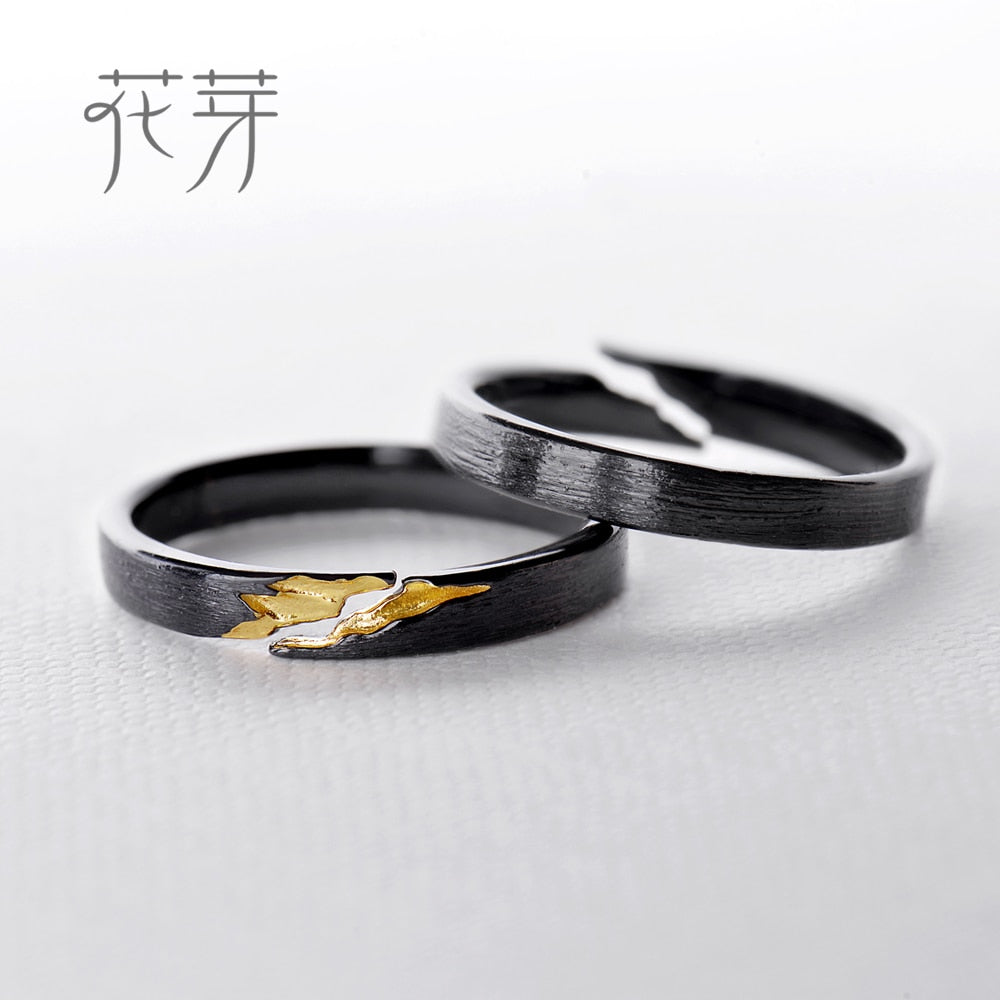 100% s925 silver Gold Crack Ring Ancient Black Wood Grain Design Female Finger Ring Stackable for Women Fine Jewelry