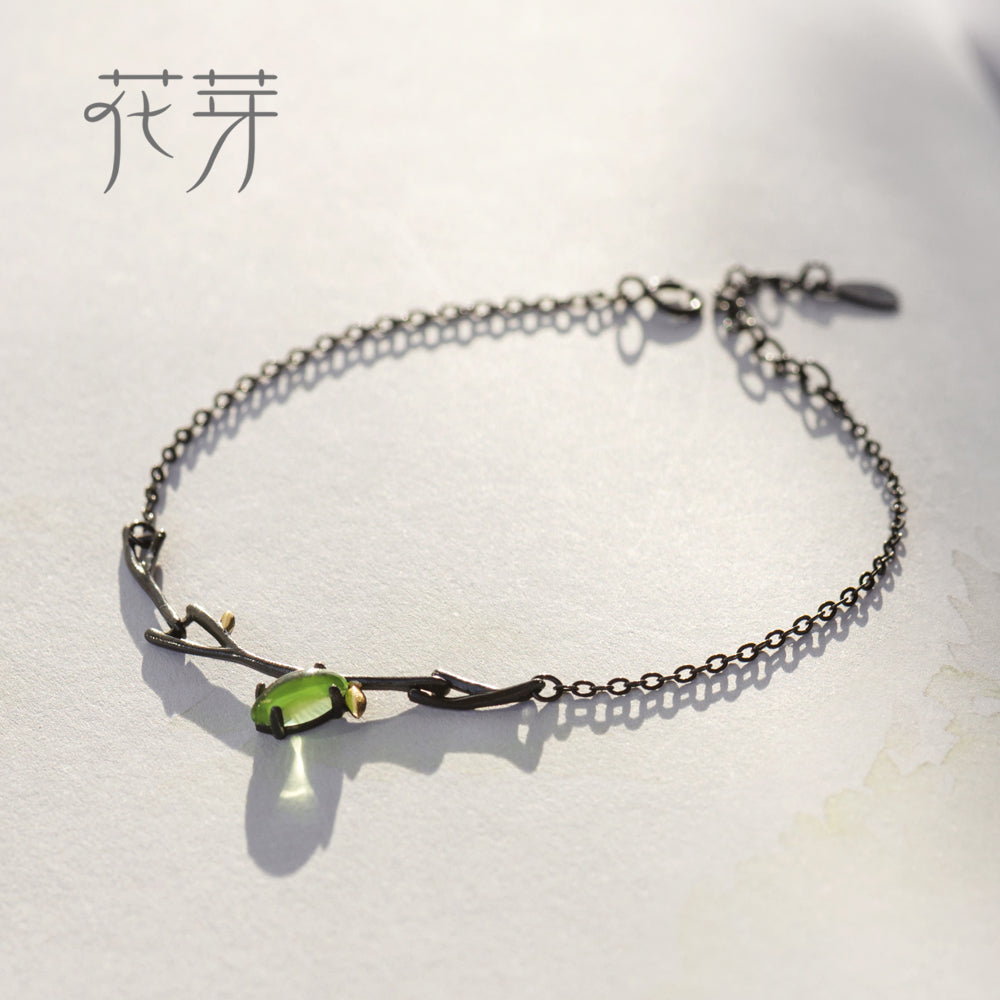 925 Silver New Born Green Crystal Black Bracelet Chain Link Charm Female Bracelet Fresh Art Korea Jewelry for Women
