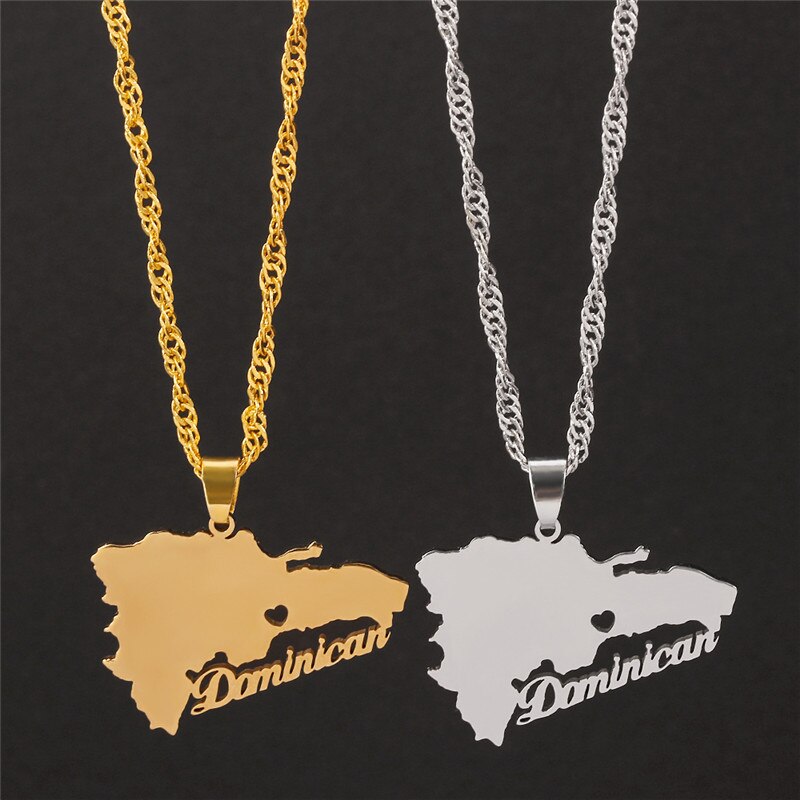The Dominican Republic Map Pendant Necklace for Women Men Gold Silver Color Stainless Steel Chain Jewelry Map of Dominican