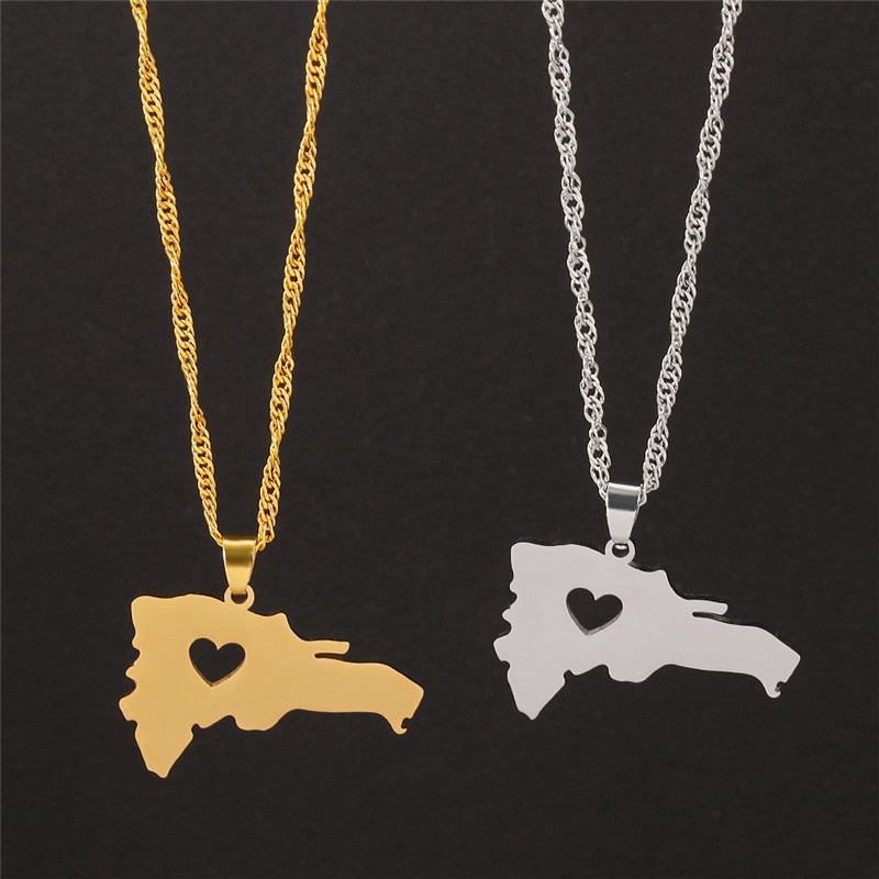 The Dominican Republic Map Pendant Necklace for Women Men Gold Silver Color Stainless Steel Chain Jewelry Map of Dominican