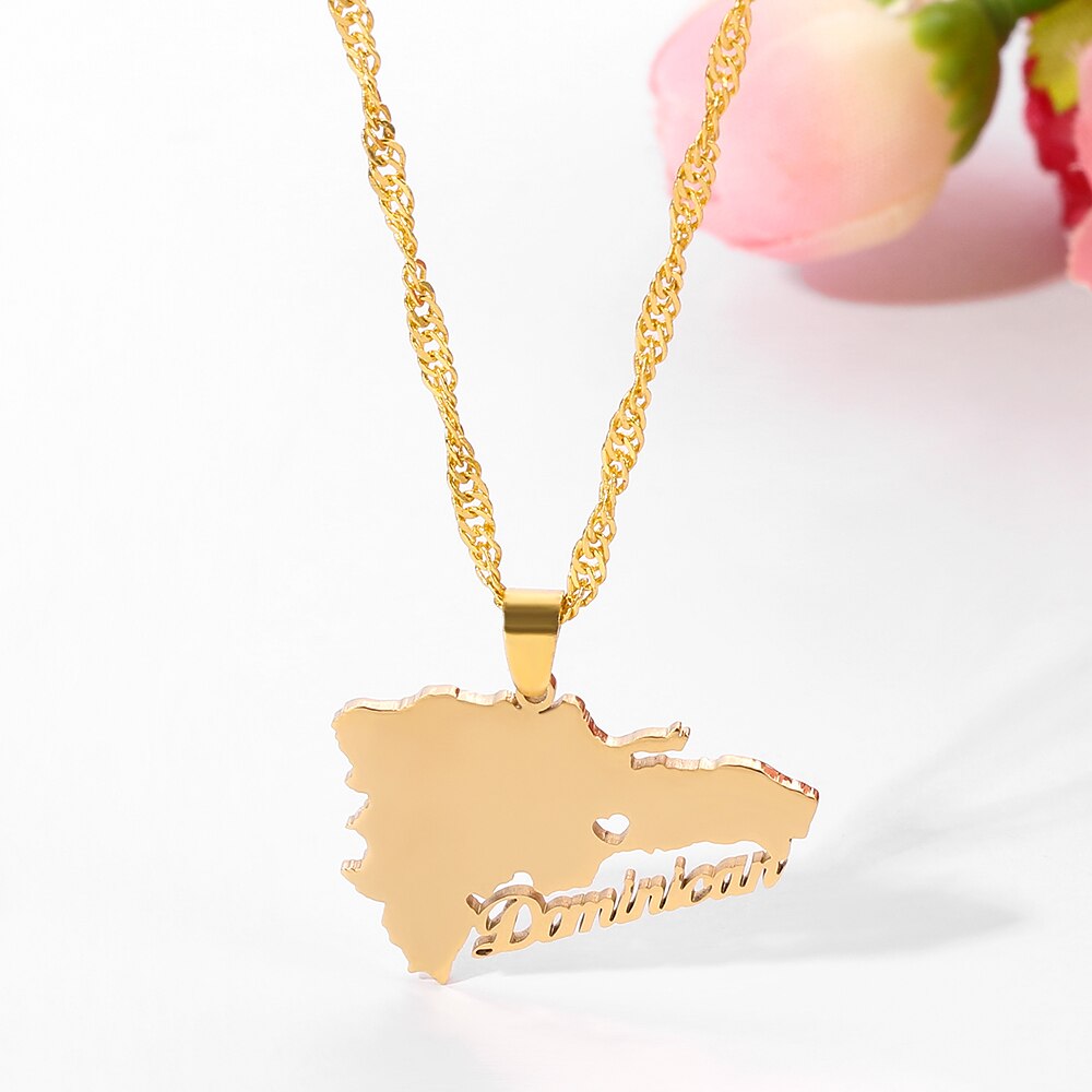 The Dominican Republic Map Pendant Necklace for Women Men Gold Silver Color Stainless Steel Chain Jewelry Map of Dominican