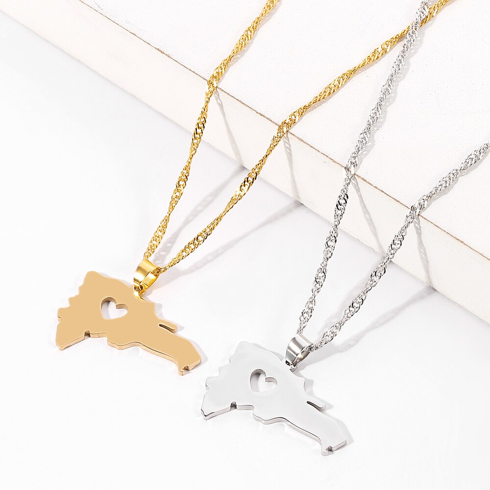 The Dominican Republic Map Pendant Necklace for Women Men Gold Silver Color Stainless Steel Chain Jewelry Map of Dominican