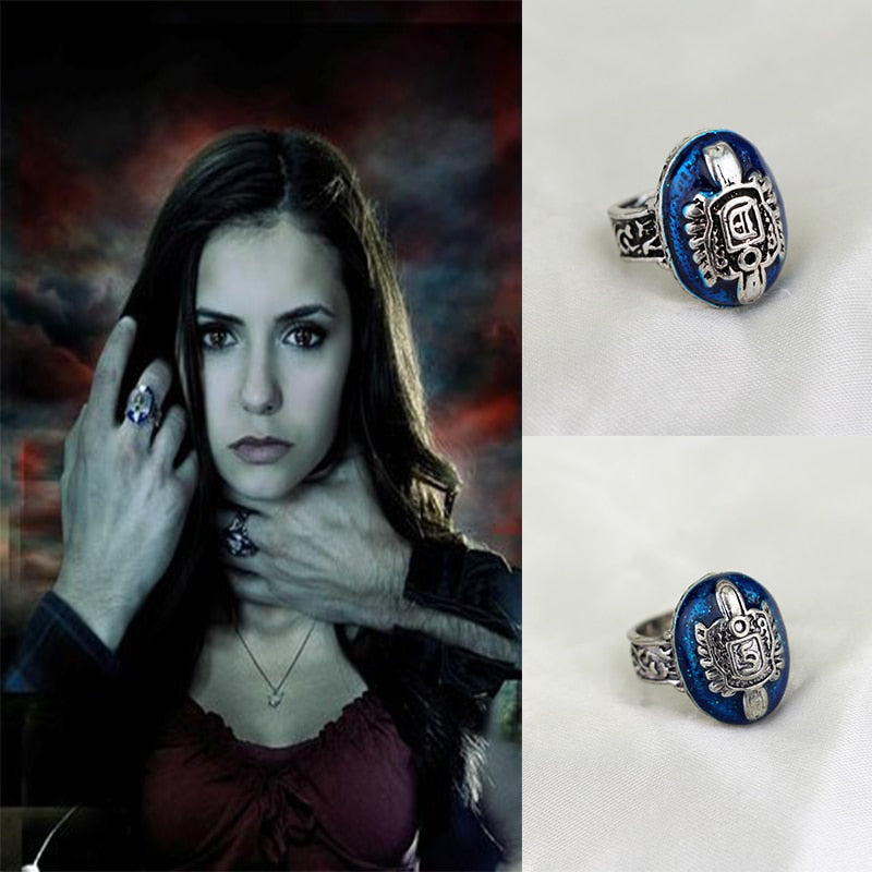 The Vampire Diaries Charm Rings For Women Men Vintage Damon Stefan Blue Stone Finger Rings Movie Cosplay Jewelry Family Gifts